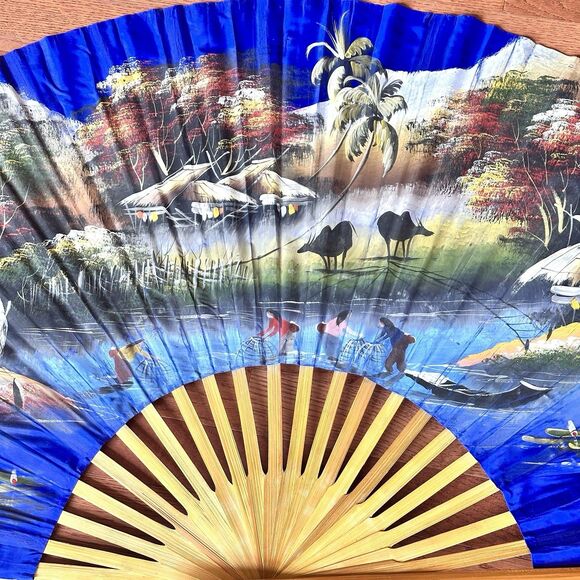 60 x 35 VTG Large Asian Fan Hanging Wall Décor HandPainted Village Mountain Lake - Picture 9 of 13